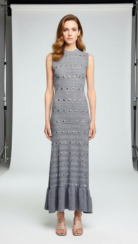 Venus Embellished Pointelle Knit Maxi Dress - Chic Grey AIIZIE Venus Embellished Pointelle Knit Maxi Dress - Chic Grey AIIZIE