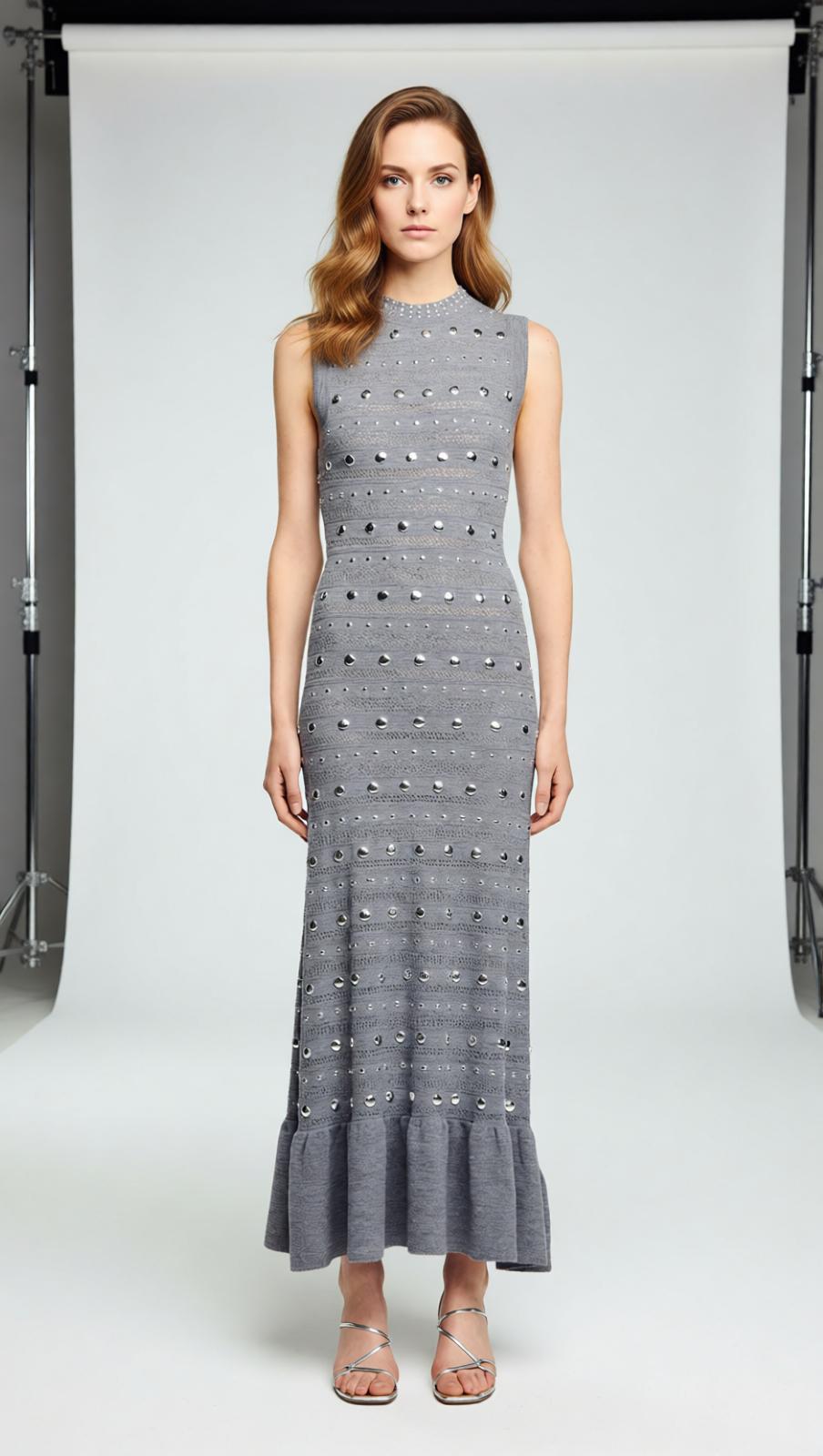 Venus Embellished Pointelle Knit Maxi Dress - Chic Grey