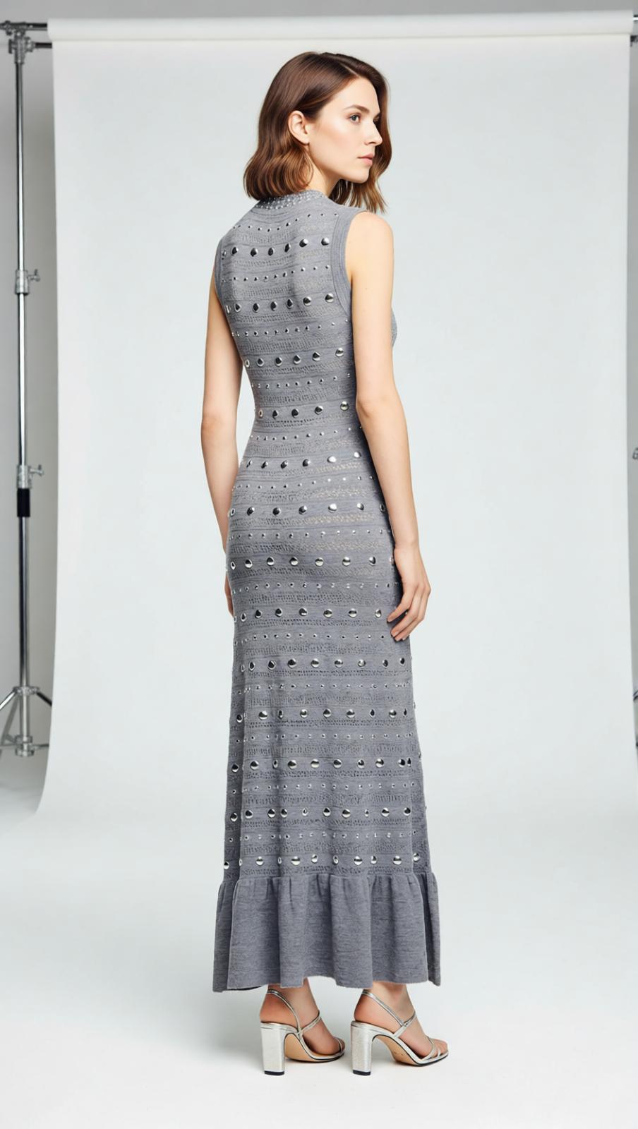Venus Embellished Pointelle Knit Maxi Dress - Chic Grey