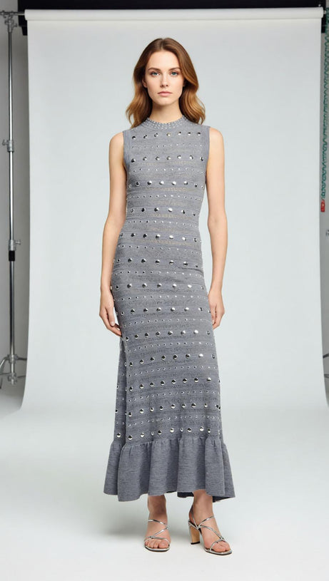 Venus Embellished Pointelle Knit Maxi Dress - Chic Grey