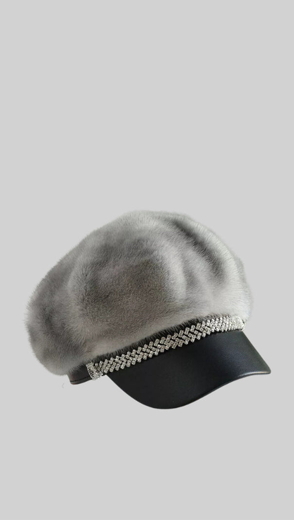 Mink Fur Hat With Leather Visor - Gray