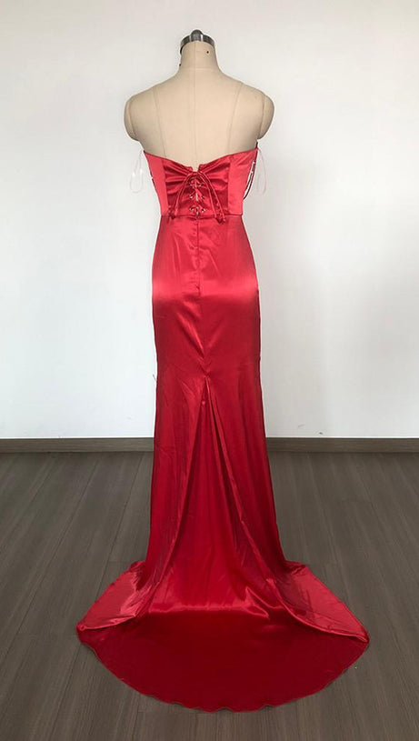 BOW EMBELLISHED STRAPLESS MAXI DRESS IN RED
