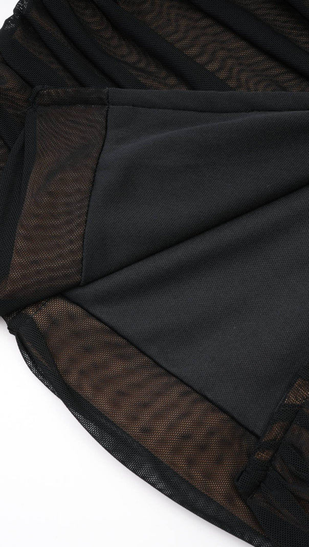 GWENONWY BLACK RUCHED MESH TOP & SKIRT MATCHING SET