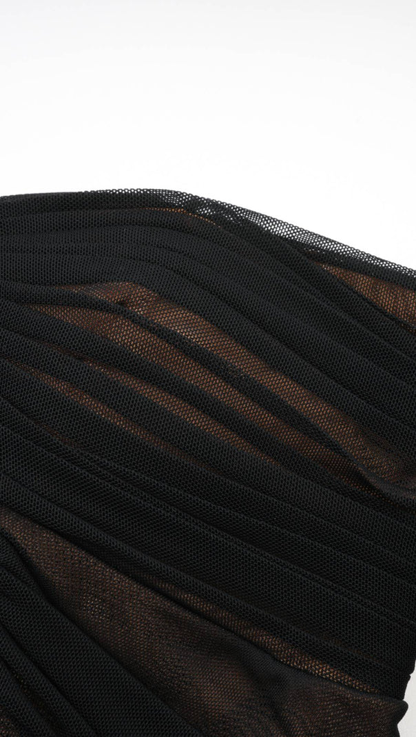 GWENONWY BLACK RUCHED MESH TOP & SKIRT MATCHING SET