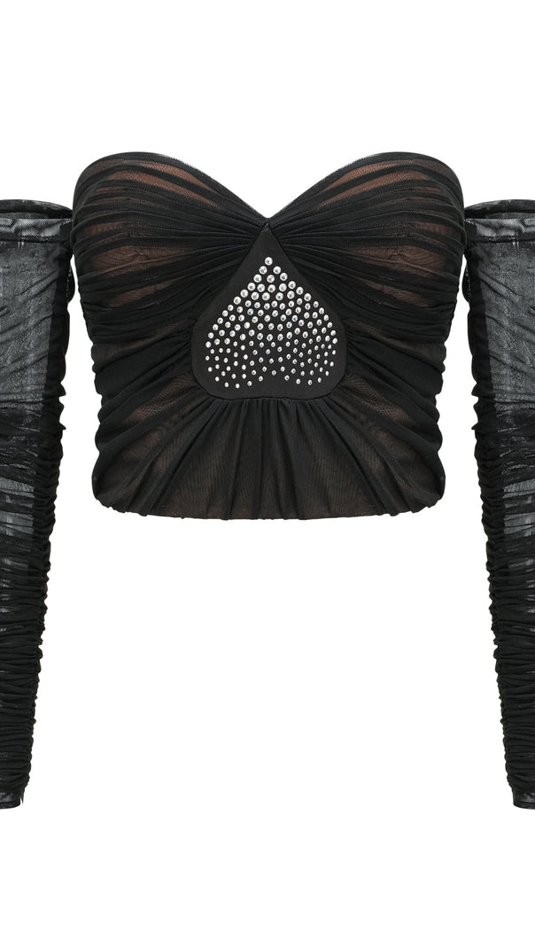 AIIZIE GWENONWY BLACK RUCHED MESH TOP & SKIRT MATCHING SET - product image