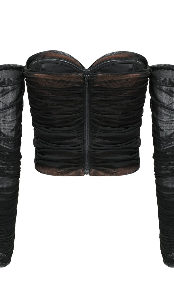 AIIZIE GWENONWY BLACK RUCHED MESH TOP & SKIRT MATCHING SET - product image