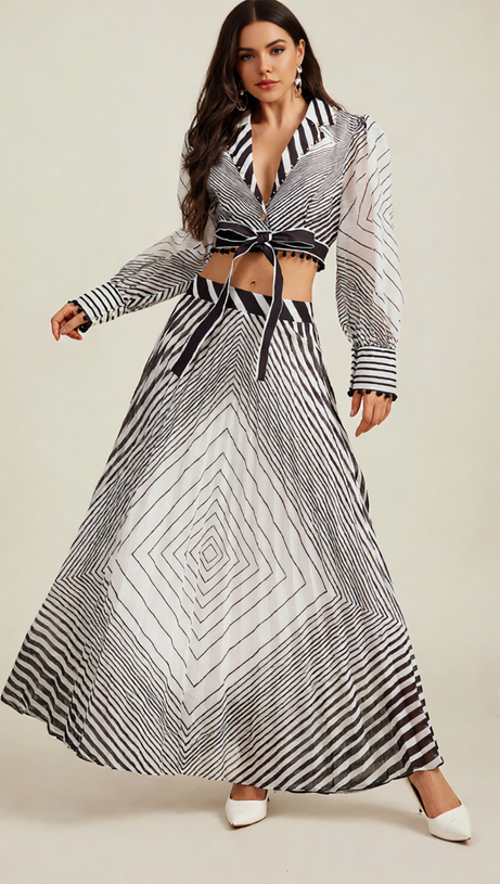 Gwylan Chic Geometric Striped Two-Piece Maxi Set