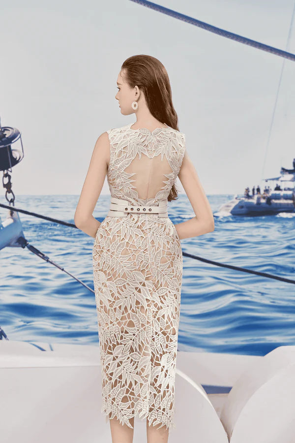 AIIZIE VANESSA SLEEVELESS LACE EMBROIDERED MIDI DRESS IN WHITE - product image