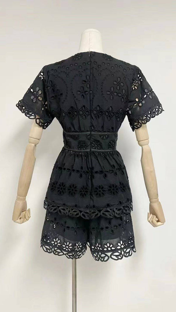 AIIZIE MAGGIE BLACK LAYERED CUT OUT LACE TOP SHORTS SUIT - product image