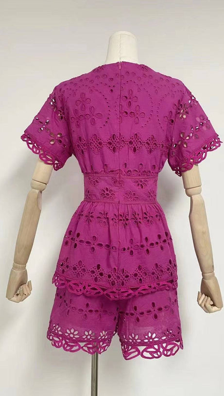 MAGGIE PURPLE LAYERED CUT OUT LACE TOP SHORTS SUIT