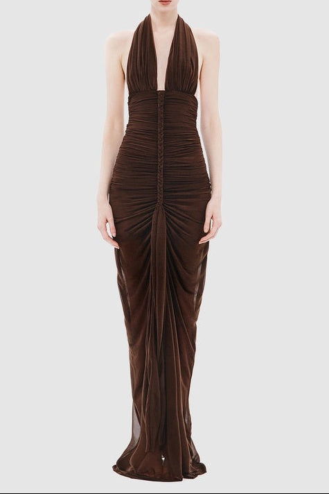 nancy v-neck pleated braided bodycon maxi dress - brown