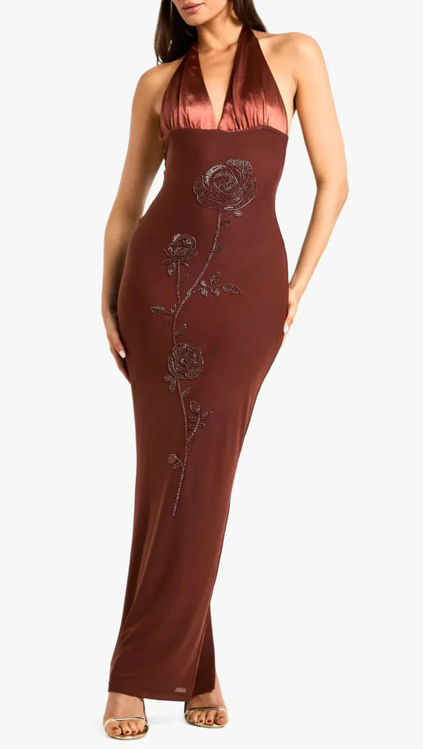 AIIZIE BEADED FLORAL SATIN HALTER MAXI DRESS IN BROWN - product image