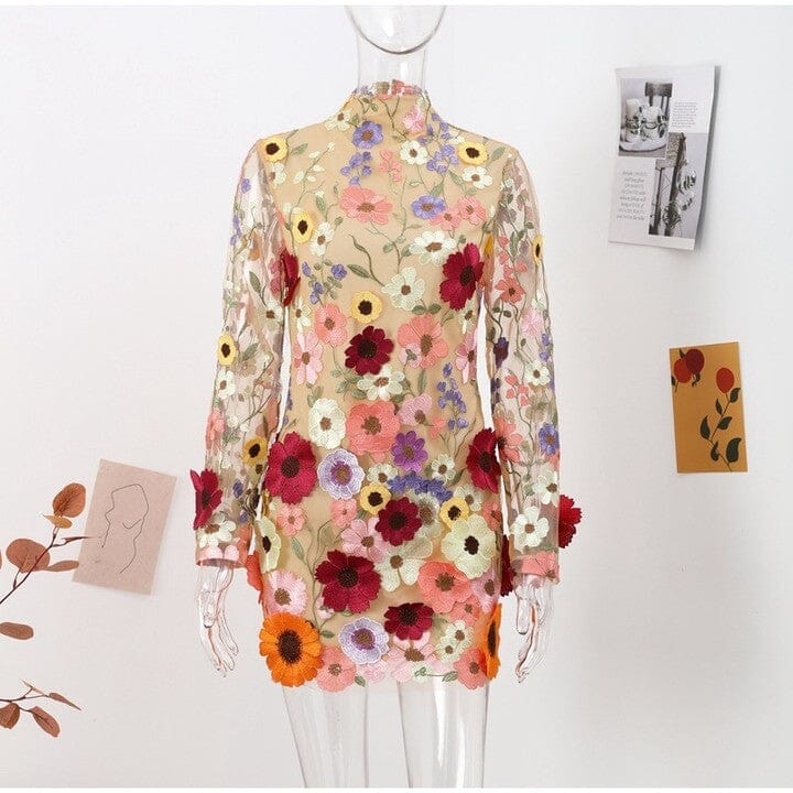 EMBROIDERED FLOWER LONG SLEEVE MINI DRESS