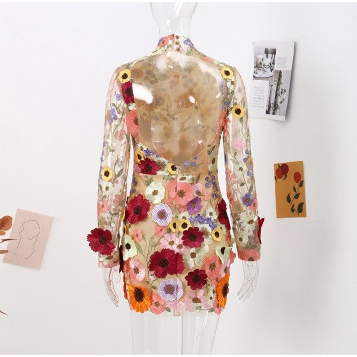EMBROIDERED FLOWER LONG SLEEVE MINI DRESS
