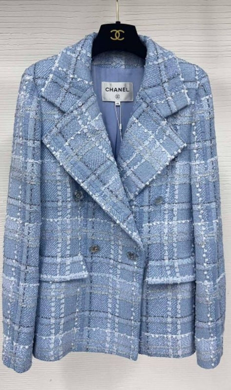 Plaid Double Breasted Tweed blazer in blue