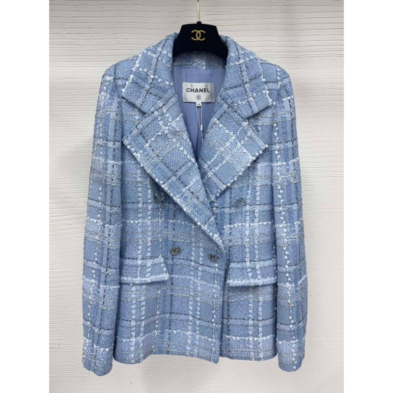 PLAID DOUBLE BREASTED TWEED BLAZER IN BLUE