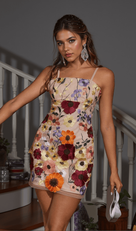 Saige Flower Embroidered Mini Dress In Blush