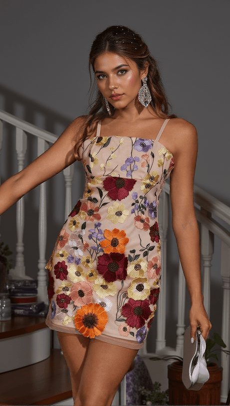 SAIGE FLOWER EMBROIDERED MINI DRESS IN BLUSH