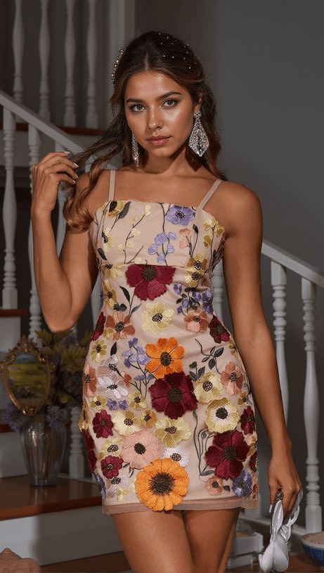 SAIGE FLOWER EMBROIDERED MINI DRESS IN BLUSH