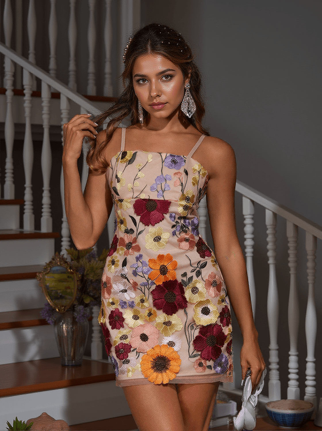 SAIGE FLOWER EMBROIDERED MINI DRESS IN BLUSH