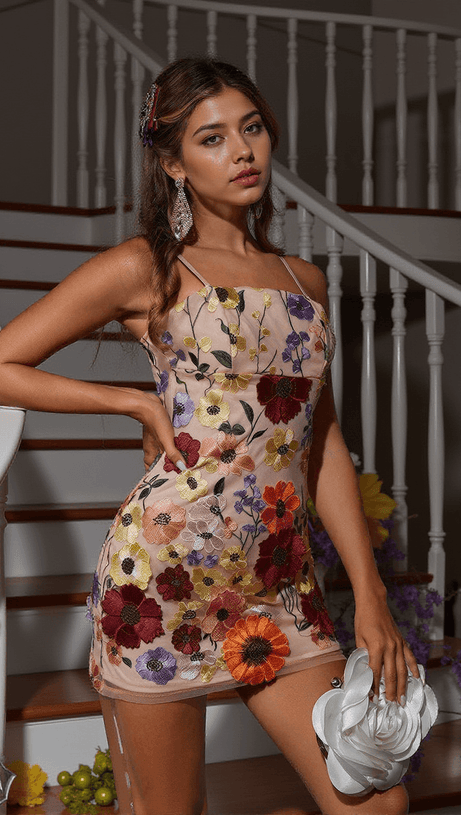 SAIGE FLOWER EMBROIDERED MINI DRESS IN BLUSH