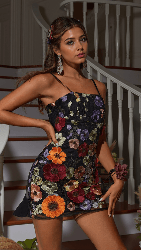 SAIGE FLOWER EMBROIDERED MINI DRESS IN BLACK