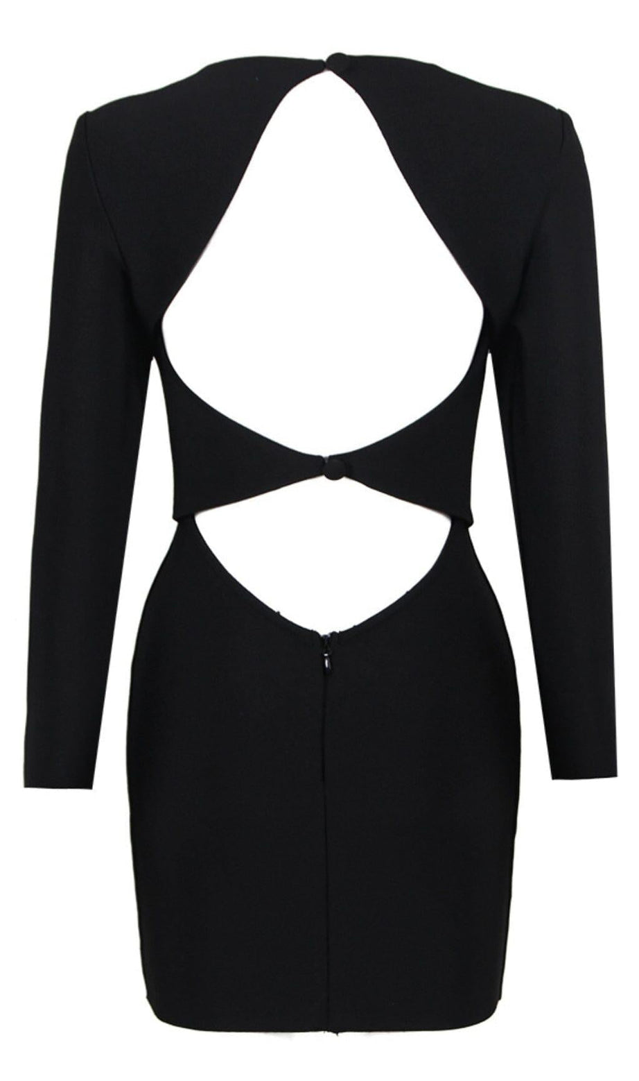LANGÄRMELIGES, ENGES, RÜCKENFREIES KLEID IN SCHWARZ