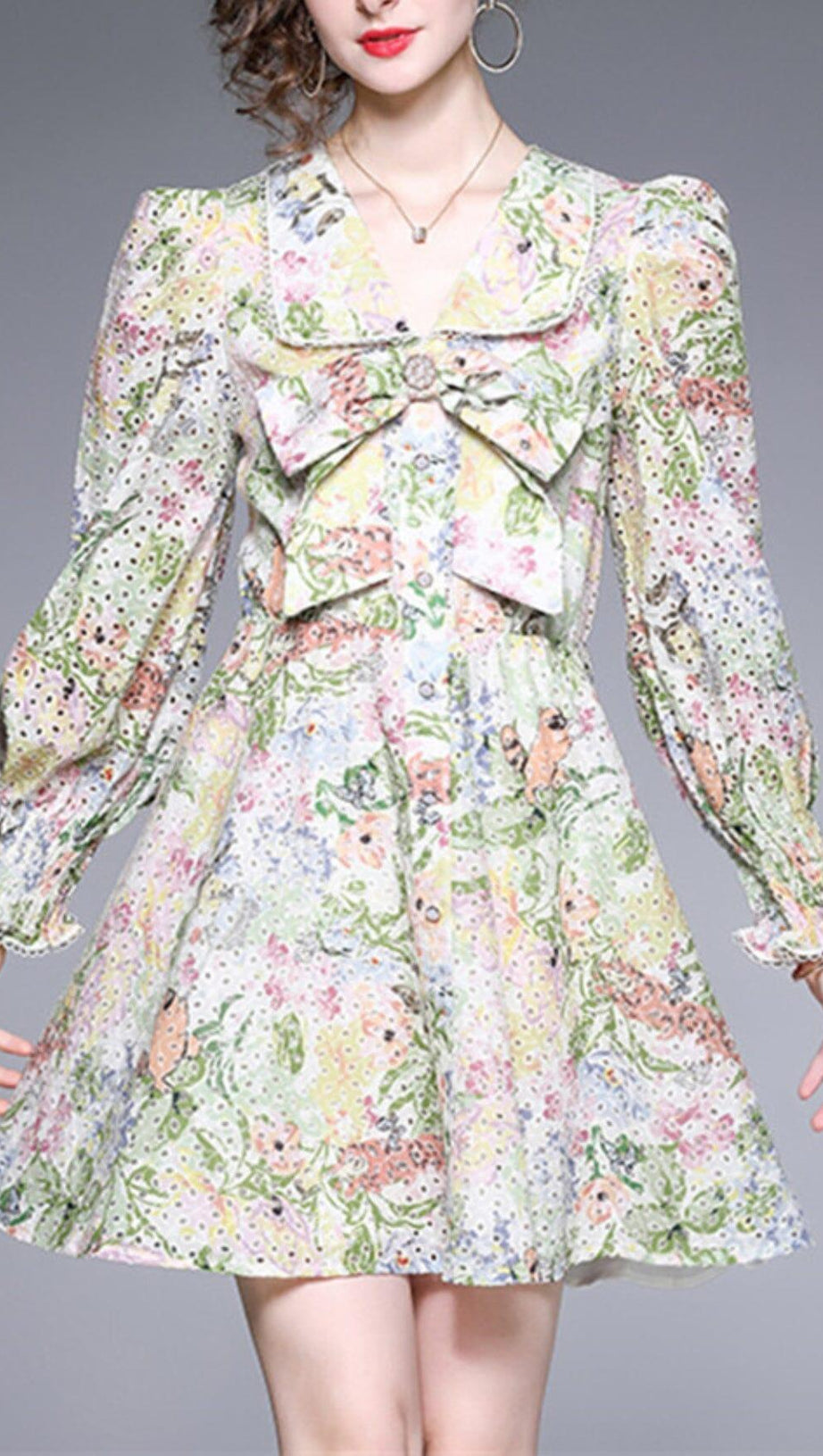 LONG PUFF SLEEVE V NECK DIAMONDS BOW RUFFLES MINI DRESS