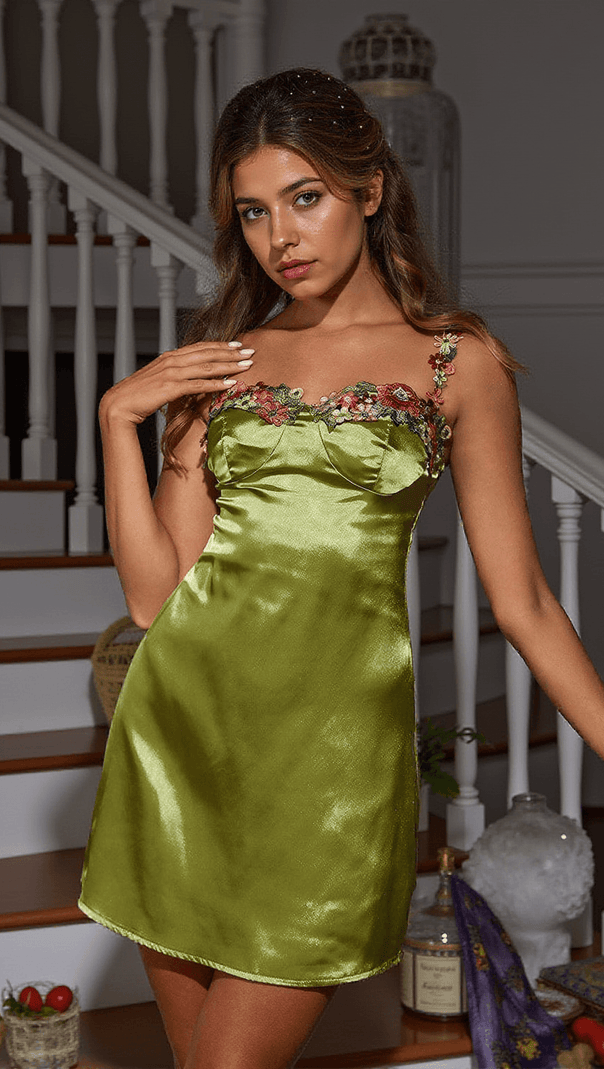 AIIZIE GENTRY FLOWER EMBROIDERED SATIN MINI DRESS - product image