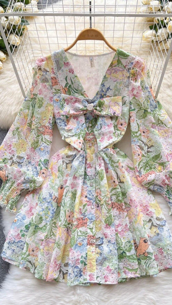 AIIZIE LONG PUFF SLEEVE V NECK DIAMONDS BOW RUFFLES MINI DRESS - product image