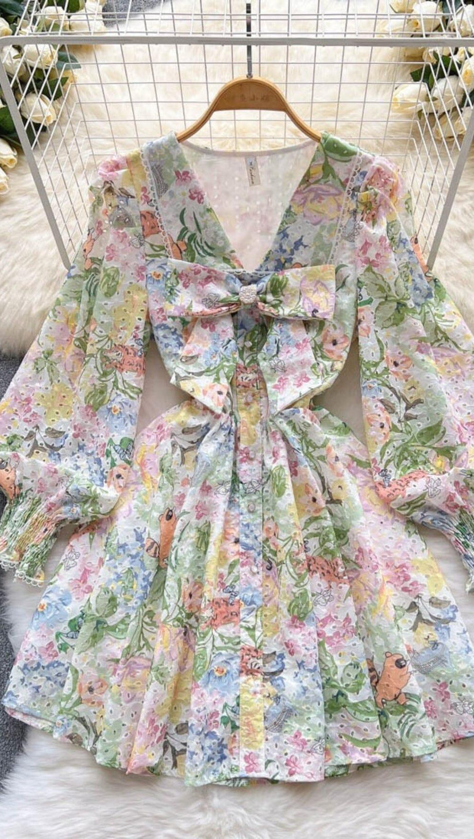 LONG PUFF SLEEVE V NECK DIAMONDS BOW RUFFLES MINI DRESS