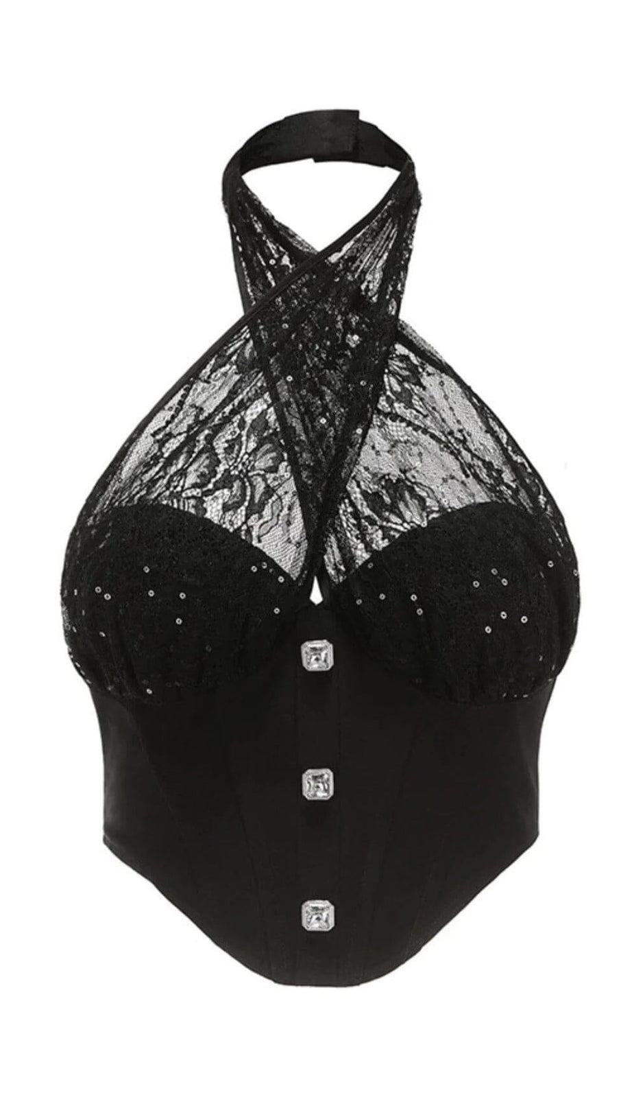 LACE STITCHING HATERNECK TUBE TOP IN BLACK