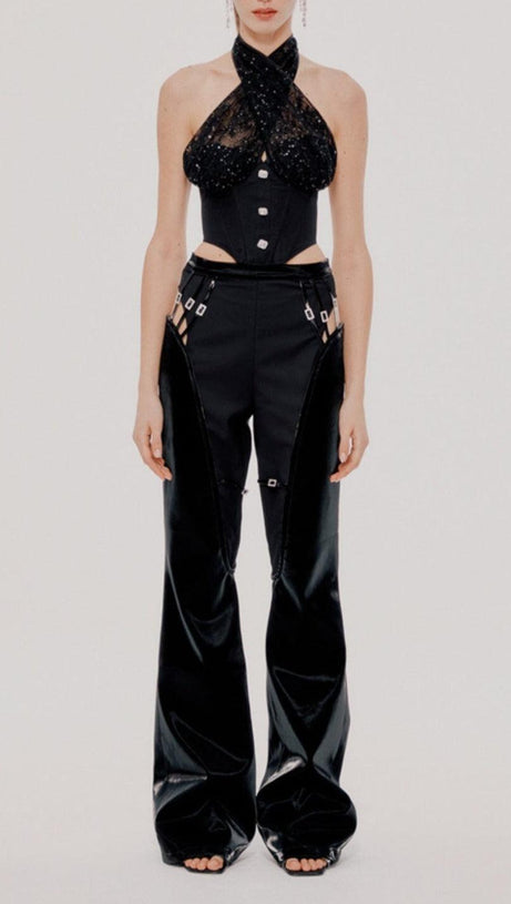 LACE STITCHING HATERNECK TUBE TOP IN BLACK