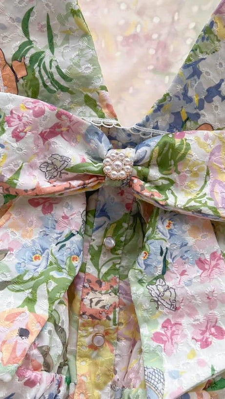 LONG PUFF SLEEVE V NECK DIAMONDS BOW RUFFLES MINI DRESS