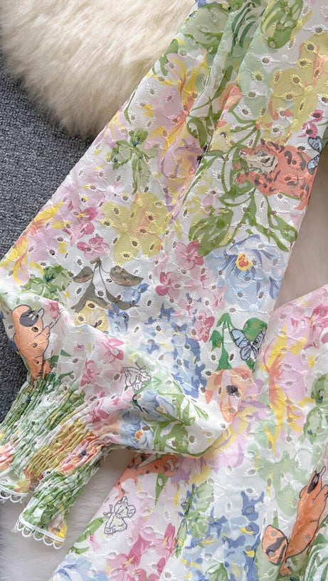 LONG PUFF SLEEVE V NECK DIAMONDS BOW RUFFLES MINI DRESS