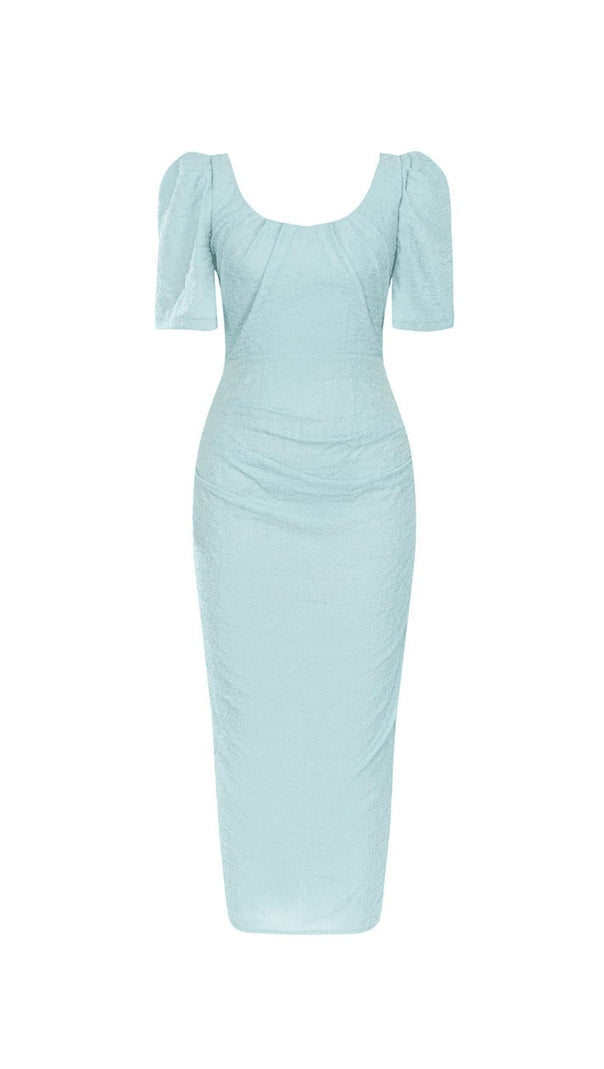 AIIZIE LIGHT GREEN PUFF SLEEVE SPLIT BACK BODYCON MIDI DRESS - product image