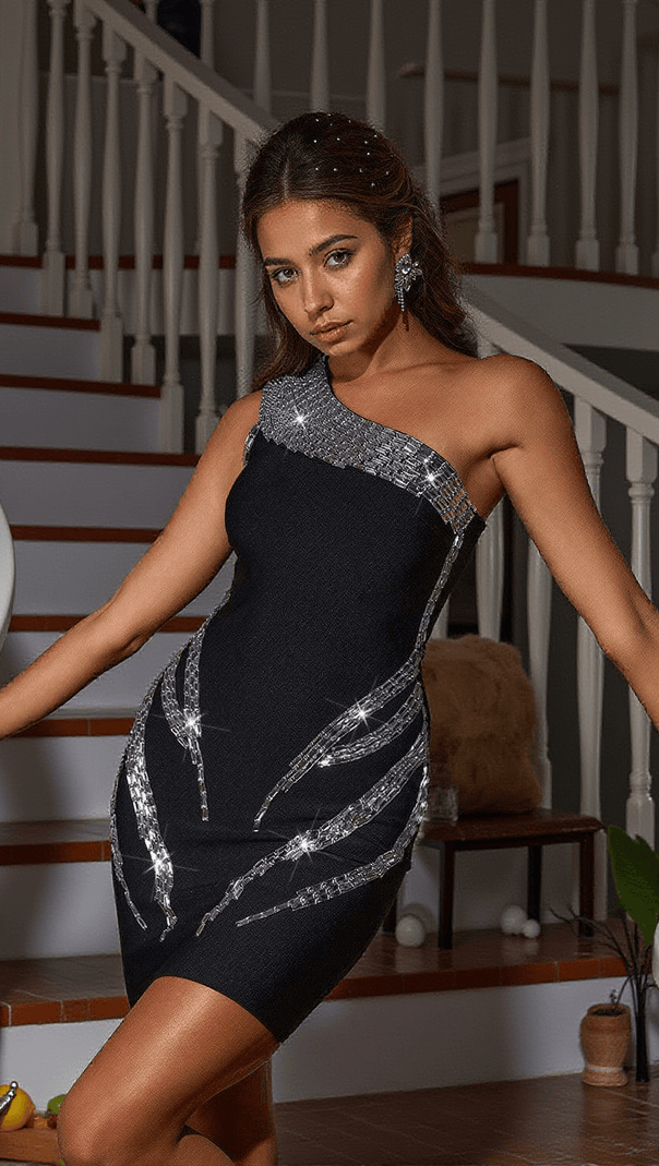 AIIZIE THALIA ONE SHOULDER RHINESTONE BANDAGE DRESS - product image