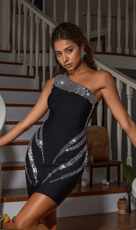 Thalia One-Shoulder-Bandage-Kleid mit Strass