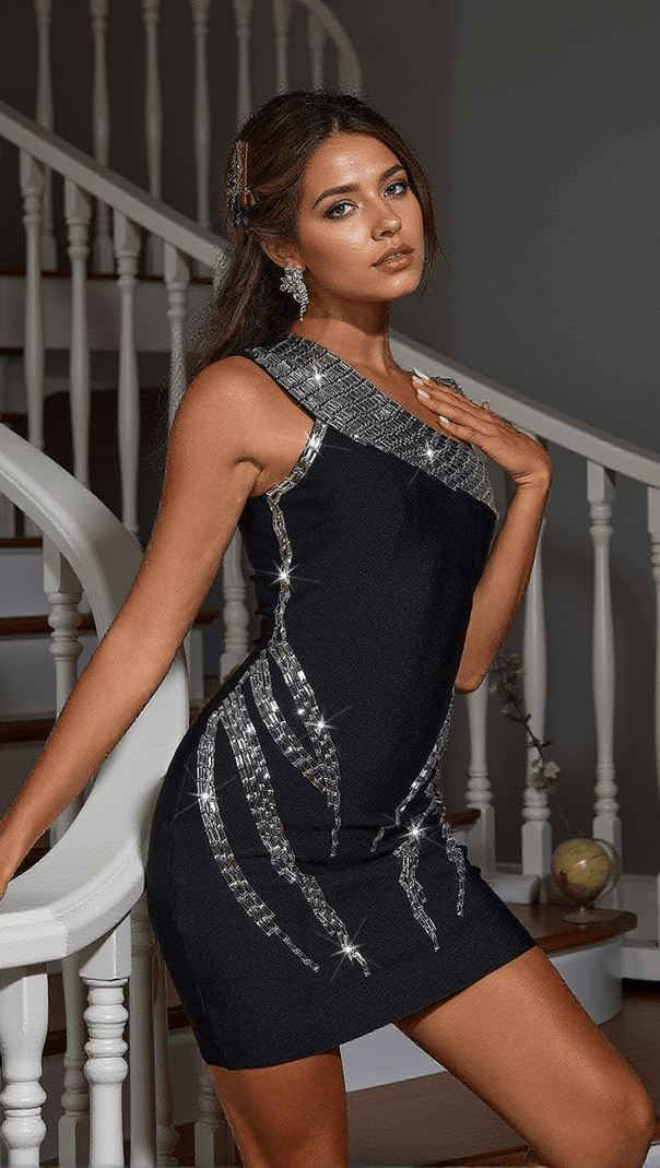 AIIZIE THALIA ONE SHOULDER RHINESTONE BANDAGE DRESS - product image
