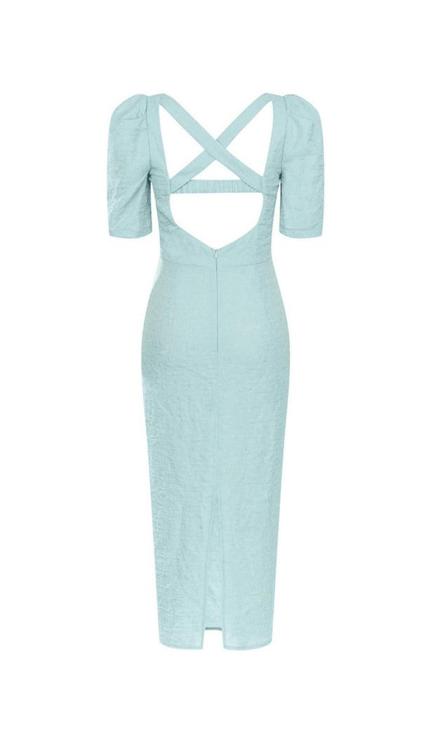AIIZIE LIGHT GREEN PUFF SLEEVE SPLIT BACK BODYCON MIDI DRESS - product image