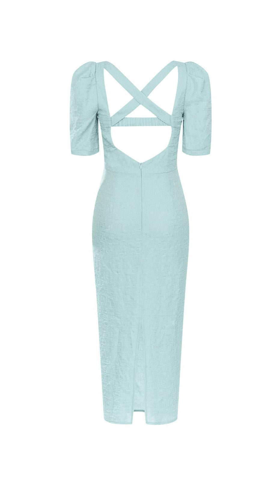 LIGHT GREEN PUFF SLEEVE SPLIT BACK BODYCON MIDI DRESS