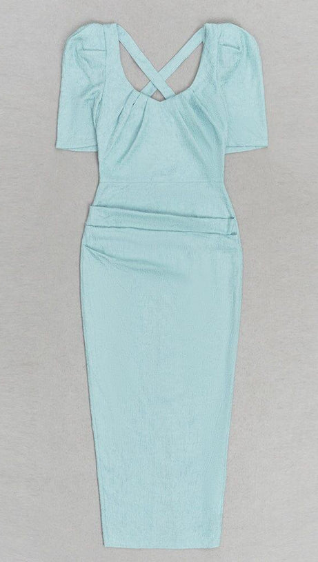 LIGHT GREEN PUFF SLEEVE SPLIT BACK BODYCON MIDI DRESS