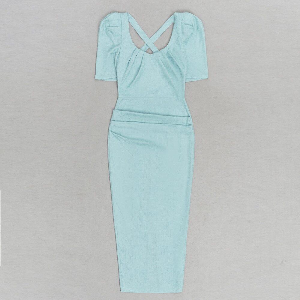AIIZIE LIGHT GREEN PUFF SLEEVE SPLIT BACK BODYCON MIDI DRESS - product image