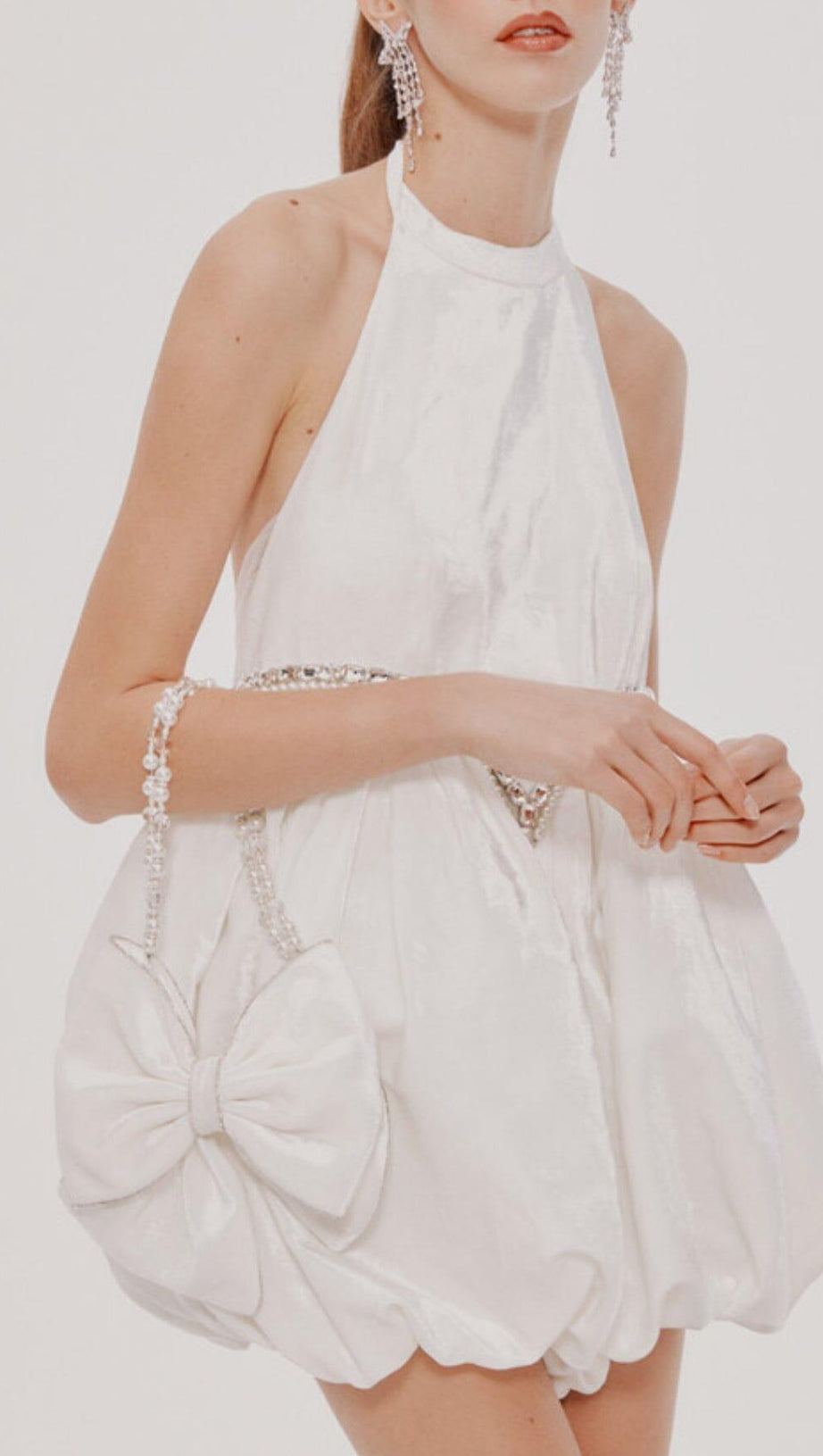 VELVET HALTERNECK MINI DRESS IN WHITE