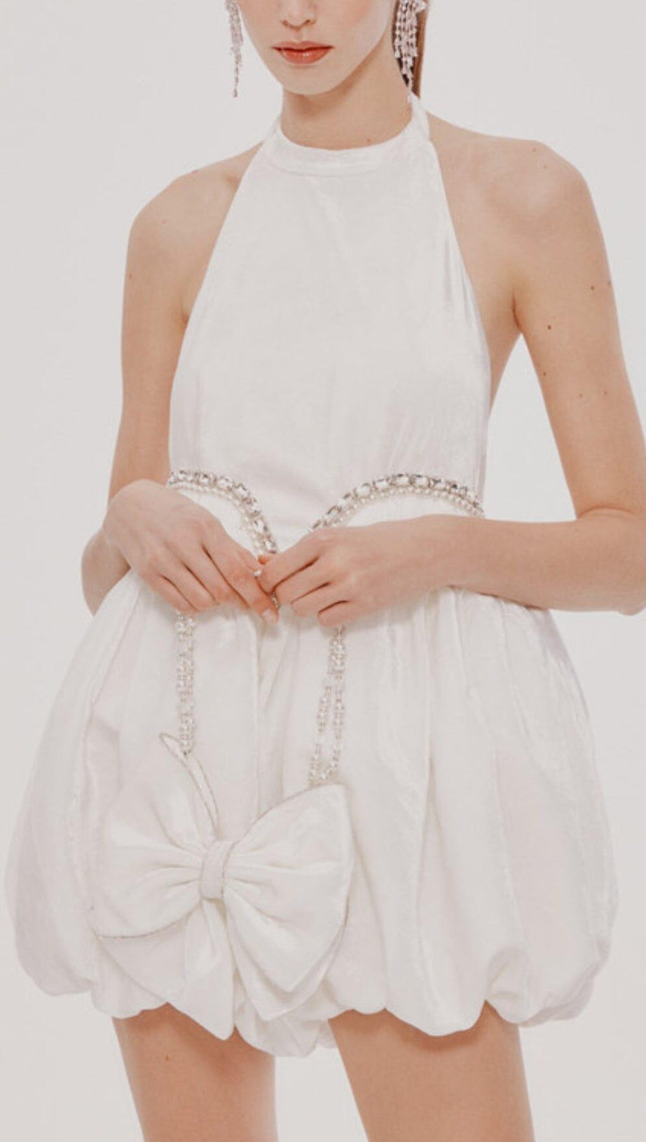 VELVET HALTERNECK MINI DRESS IN WHITE