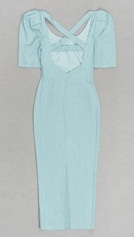 LIGHT GREEN PUFF SLEEVE SPLIT BACK BODYCON MIDI DRESS