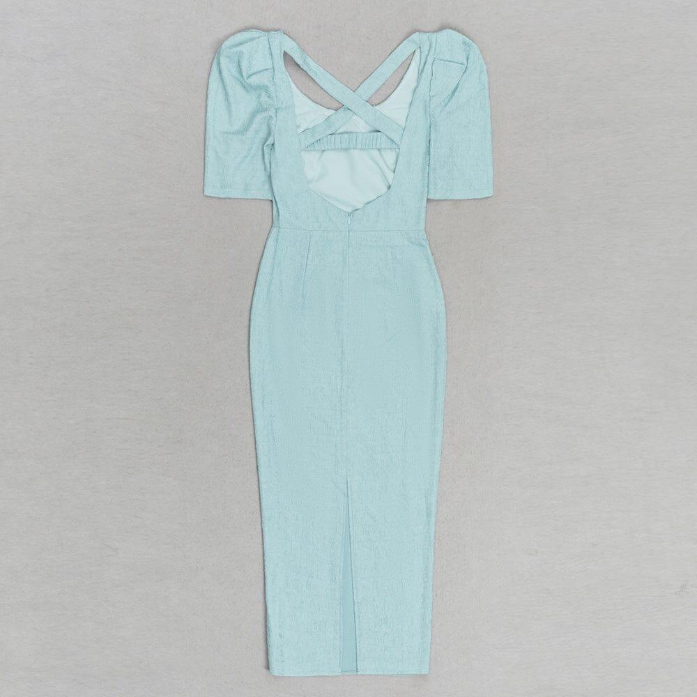 AIIZIE LIGHT GREEN PUFF SLEEVE SPLIT BACK BODYCON MIDI DRESS - product image