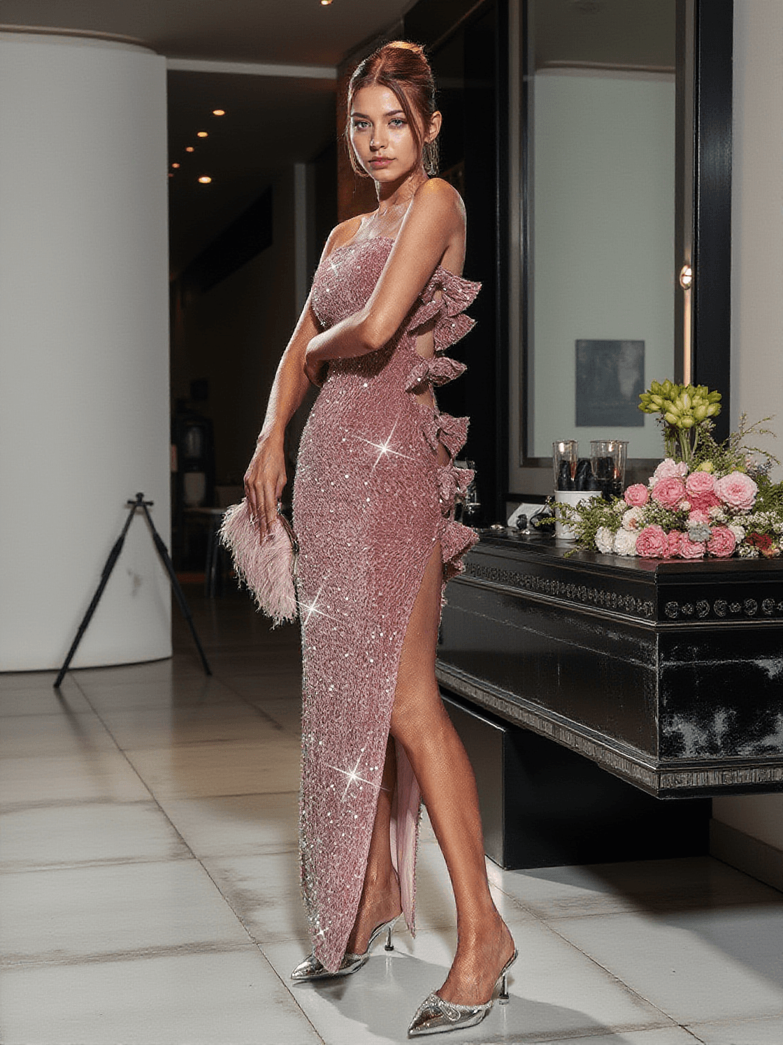 Faskia – Trägerloses Paillettenkleid mit Schleife und Cut-Outs