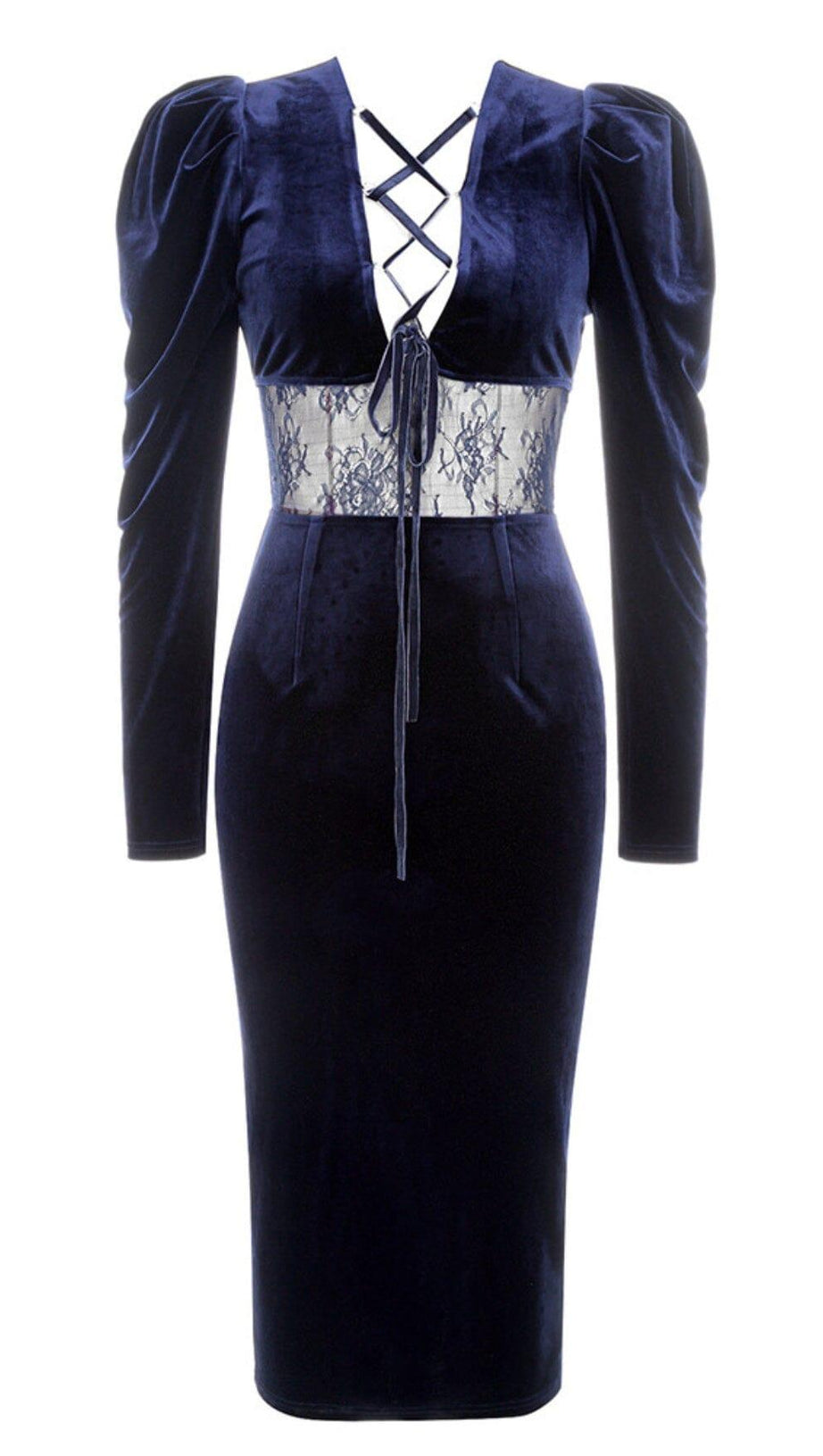 LONG SLEEVE LACE BANDAGE DRESS IN NAVY BLUE