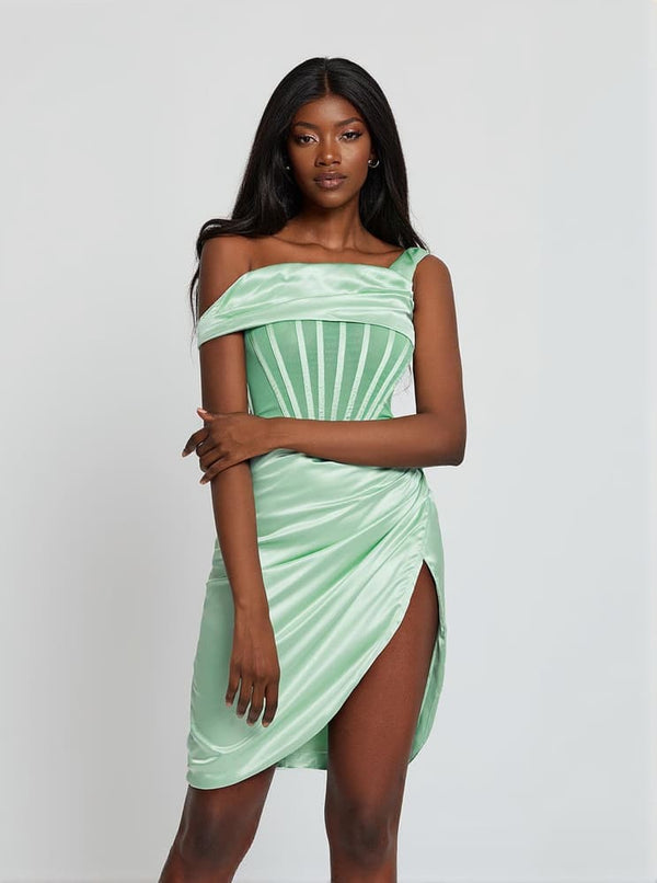 Ariella Satin Corset Dress In Mint